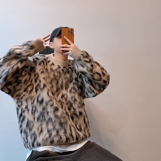 Lazy Style Loose Sweater Women's New Autumn and Winter Korean Style Pullover Outer Wear Mohair Leopard Print Top Student Knitted Sweater