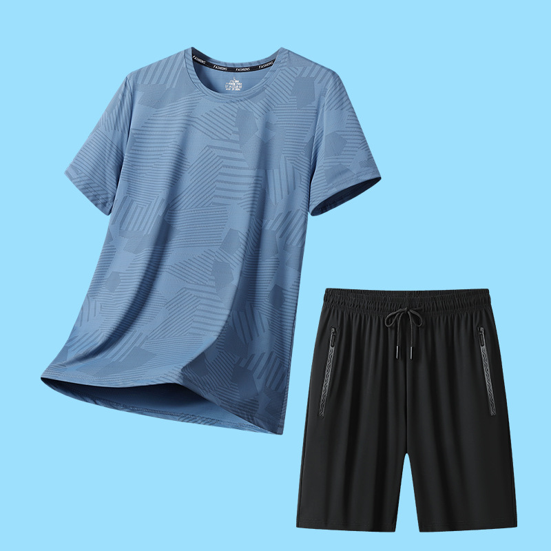 Summer Men's Short-Sleeved Casual Sports Ice Silk Mesh Thin Elastic Breathable Casual Half-Sleeved T-Shirt Loose Suit