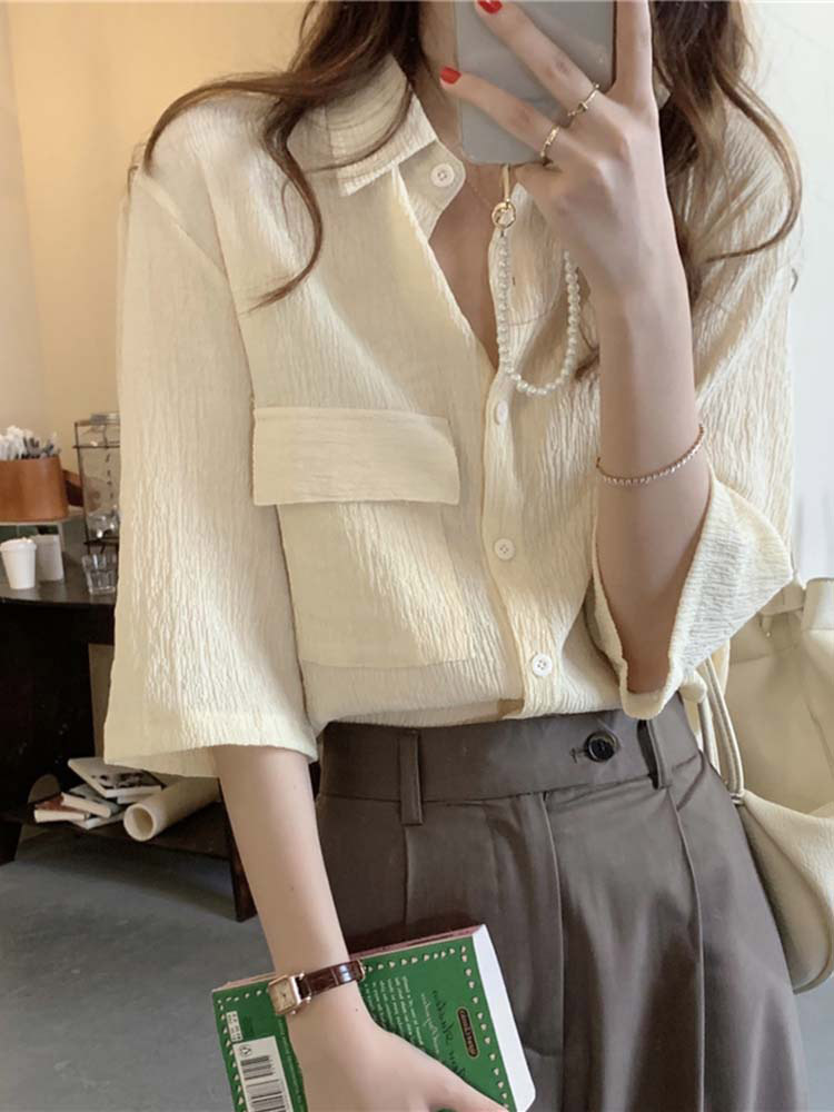 Retro Three-Quarter Sleeve Shirt for Women 2026 Summer New Korean Style Design Pleated Top Lazy Style Loose Shirt