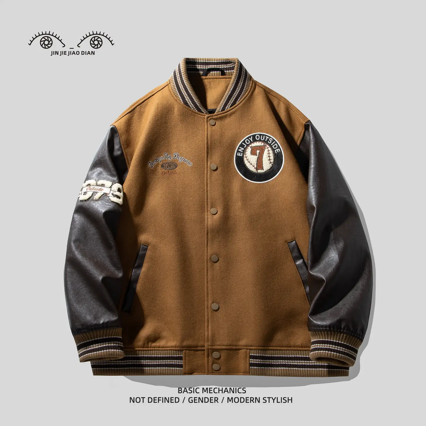 58% Wool Classy American retro Pu Leather Contrast Color Patchwork Baseball Uniform Outwear Men Autum Casual jacket Men