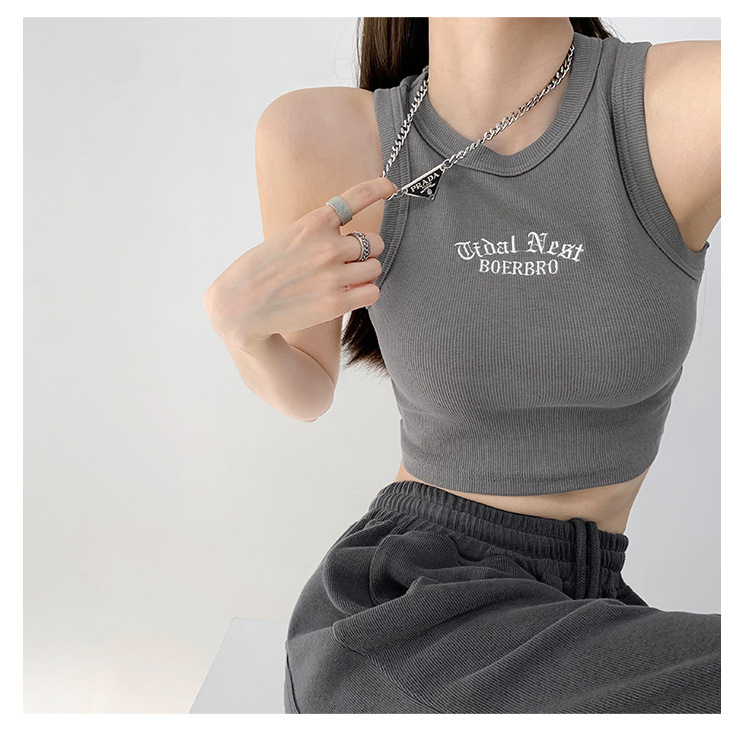 2023 Summer hot girl style retro letter embroidered sleeveless vest women's short navel-exposed I-shaped bottoming shirt