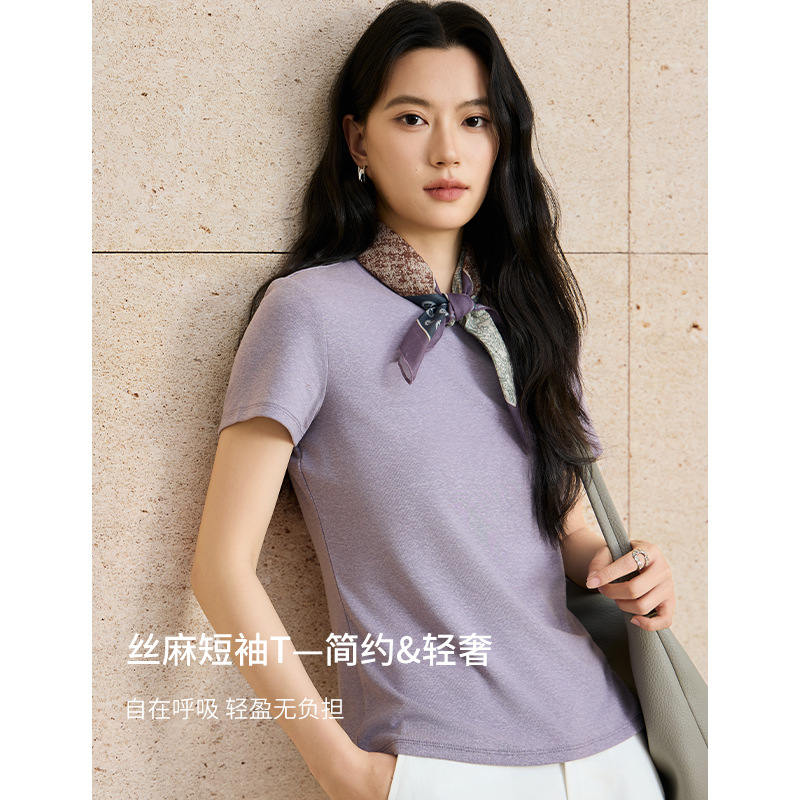 Basic Linen and Lyocell Short-Sleeve T-Shirt, Simple Fitted Top, 2026 Spring/Summer New Collection
