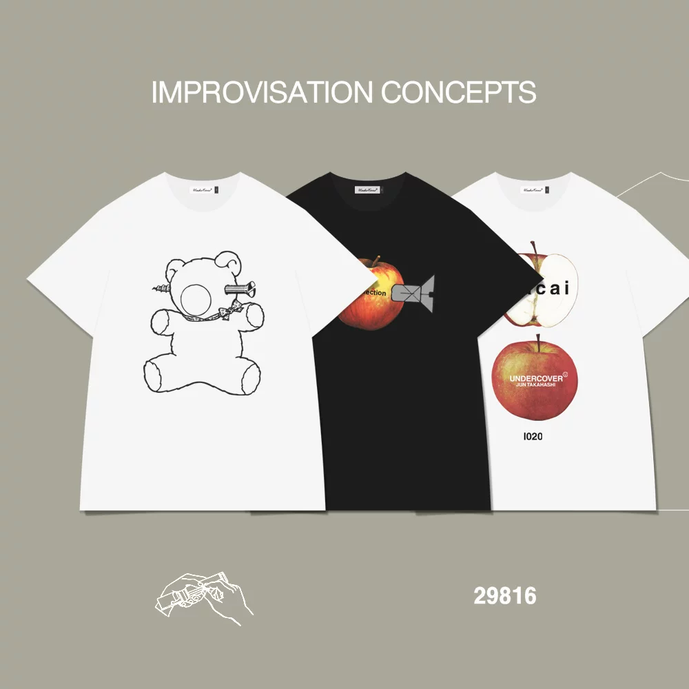 Japanese eye shading bear Apple screw undercover men's and women's printed T-shirt Guochao Street retro couple tee