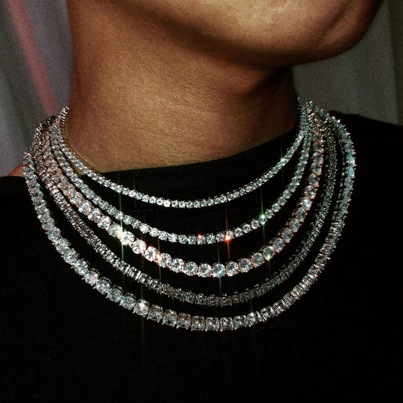 European and American 3mm 4mm Full Diamond Tennis Chain Single Row Diamond Tennis Chain Necklace Hip-Hop Trendy Unisex Street Rap QC-foto van TAOBAO op Qualit.ly