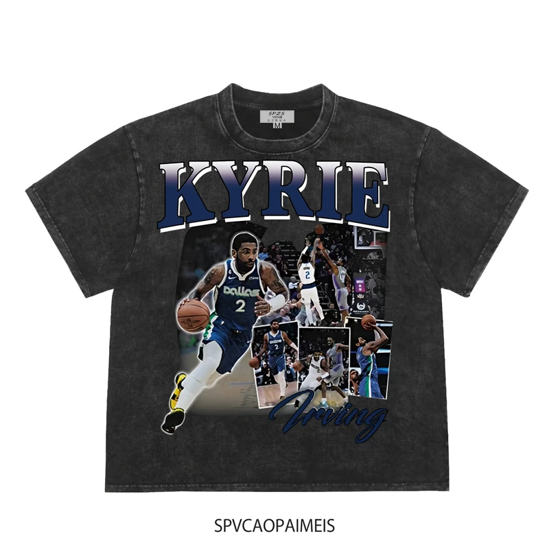 Short sleeved T-shirt for men, American retro basketball, sports training, high street Irving, washed and worn loose summer top