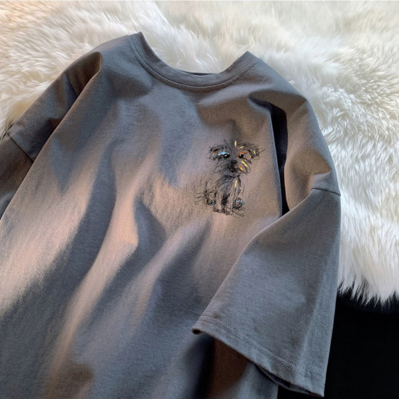 Short-sleeved T-shirt Men's Loose plus size Round Neck Fashionable Printed Trendy Brand All-match Heavy Cotton T-shirt Puppy Half-sleeved Top