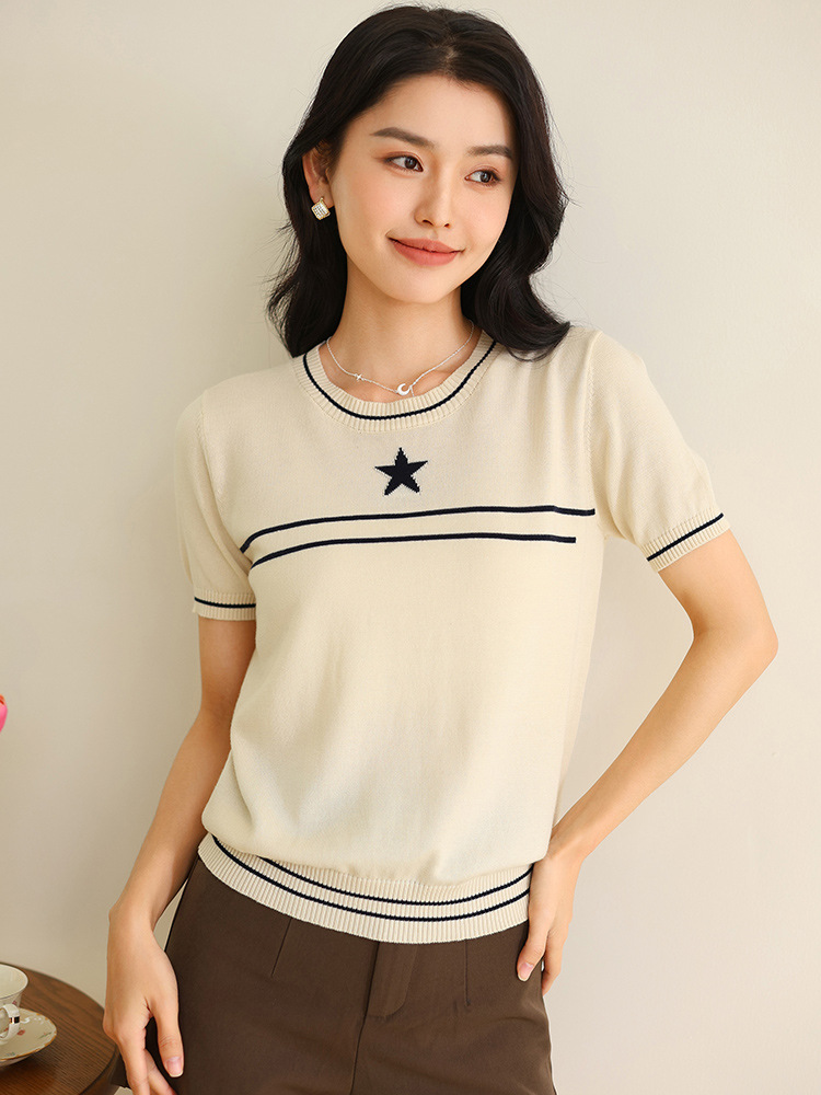 Pure Cotton Round Neck Knitted Short-Sleeved Five-Pointed Star Stripesd T-Shirt 25 Summer New Versatile Slimming Look Top for Women