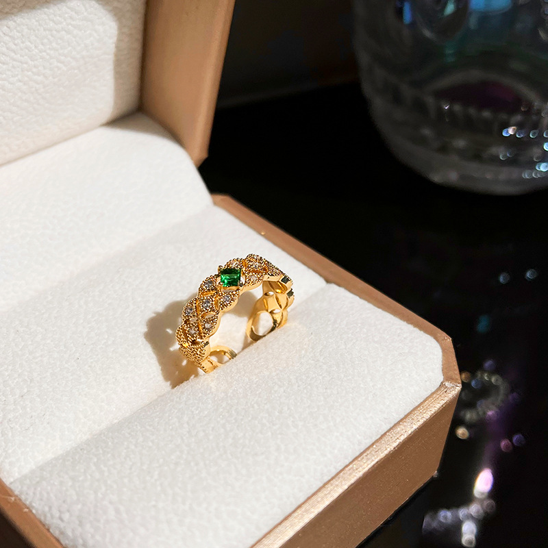 Micro-inlaid green zircon ring women's all-match niche design high-end feeling open ring ring hot girl hand jewelry wholesale