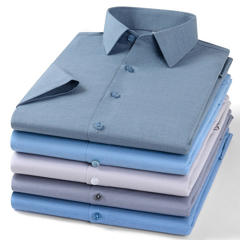 Summer New Linen Solid Color Short-Sleeved Shirt Young Men's Business Casual Modal Elastic Anti-Wrinkle Workwear