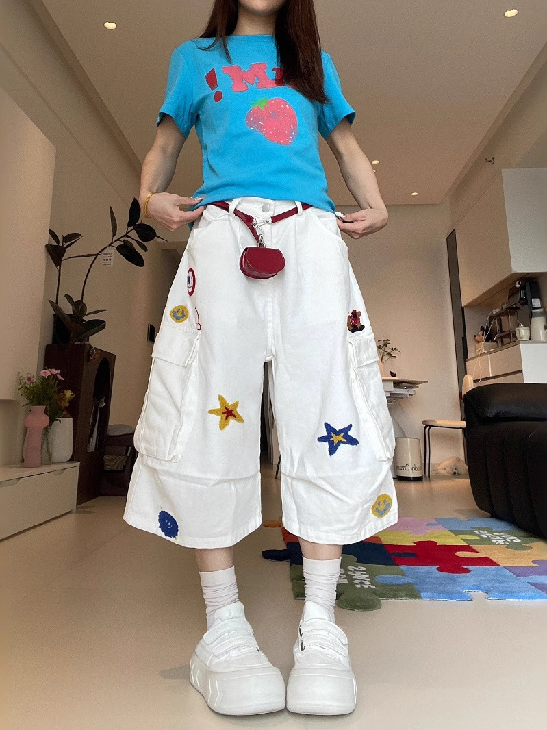 American Retro Embroidered Denim Cropped Pants for Women, New Summer Style, High-Waisted, Slimming, Loose Wide-Leg Work Shorts