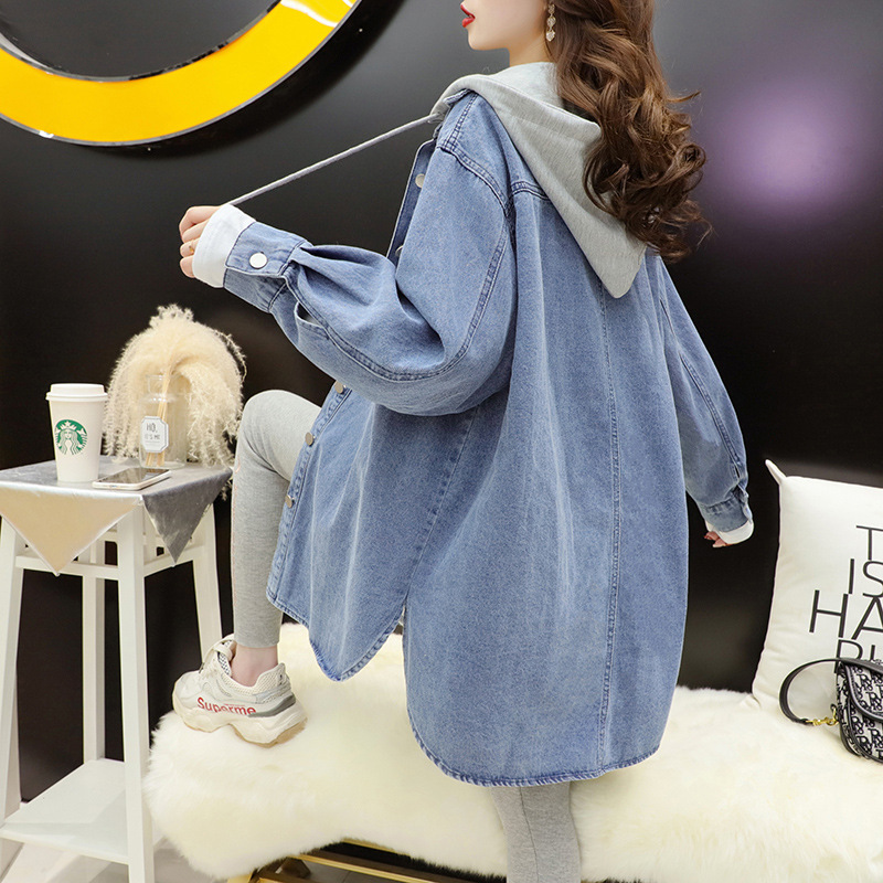 Hooded Mid-Length Denim Jacket for Women, Spring and Autumn 2026, Trendy New Style, Loose and Lazy Style, Fashionable and Versatile Shirt for Women