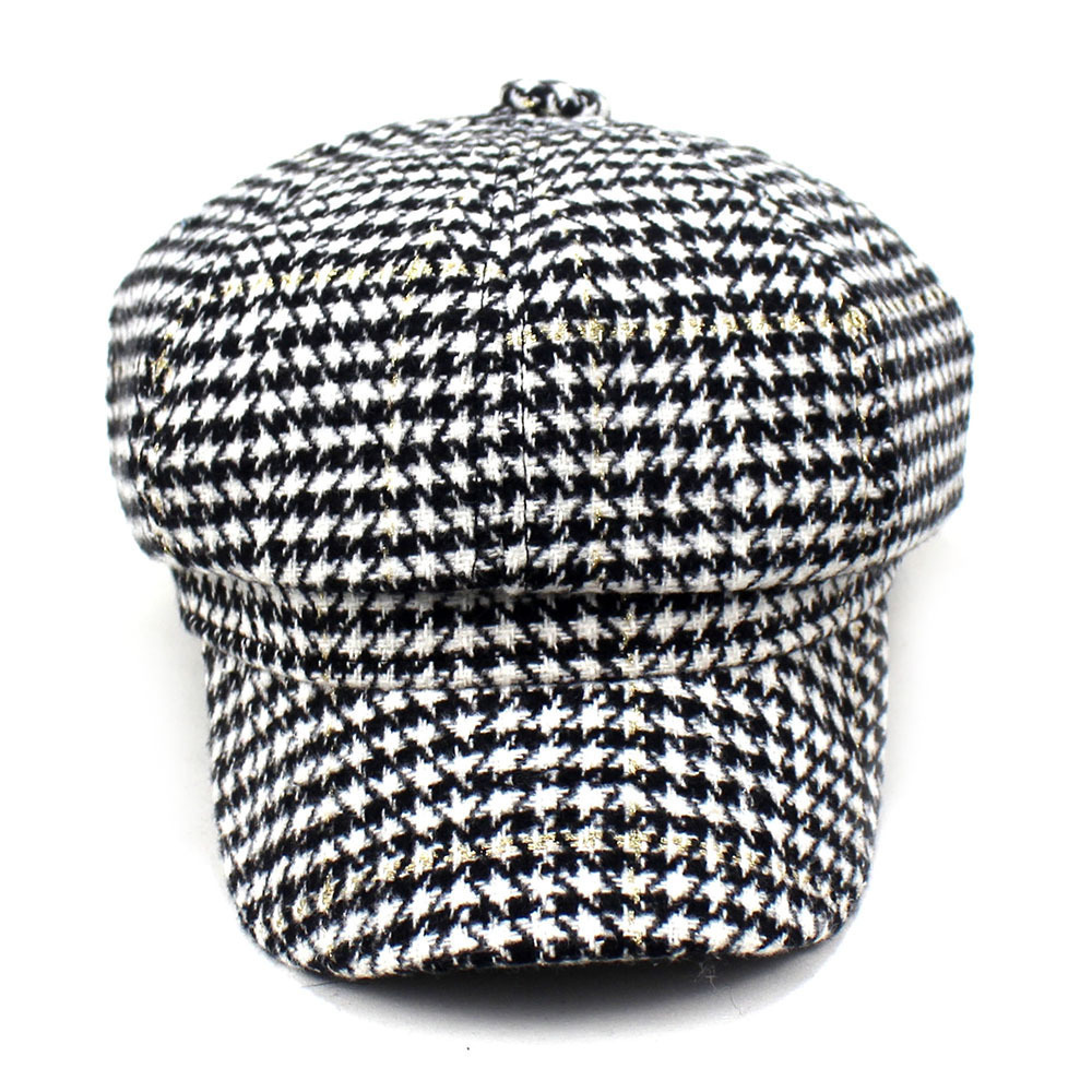 Fashion Houndstooth Hat for Women, Autumn and Winter Warm Peaked Cap, Retro Octagonal Hat, Casual Beret Wholesale