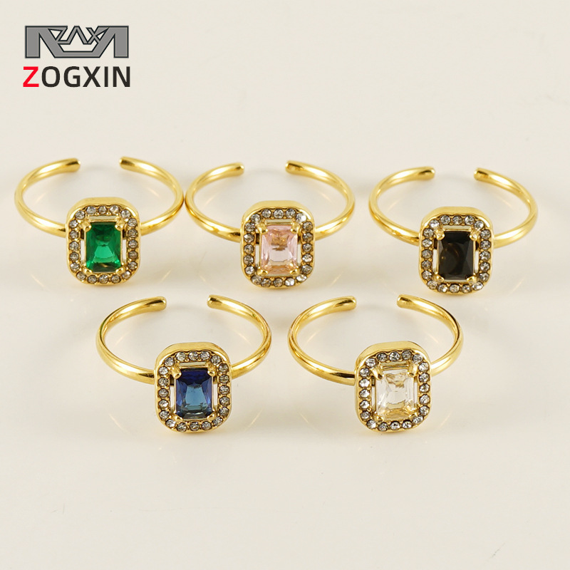 Cross-Border European and American Stainless Steel Square Adjustable Diamond-Encrusted Ring for Women, Light Luxury Titanium Steel Ring, Tail Ring Wholesale
