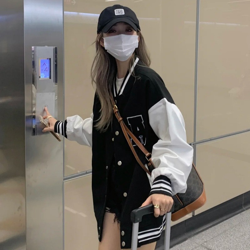 Spring and Autumn Korean style loose printed contrast color High Street jacket jacket 2023 autumn and winter New Black fleece-lined baseball uniform for women