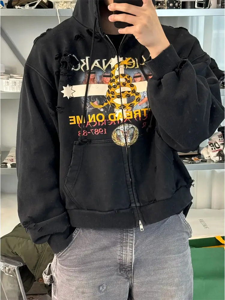 Grailz Project vibe蛇年限定乐队印花做旧破洞连帽衫外套卫衣男