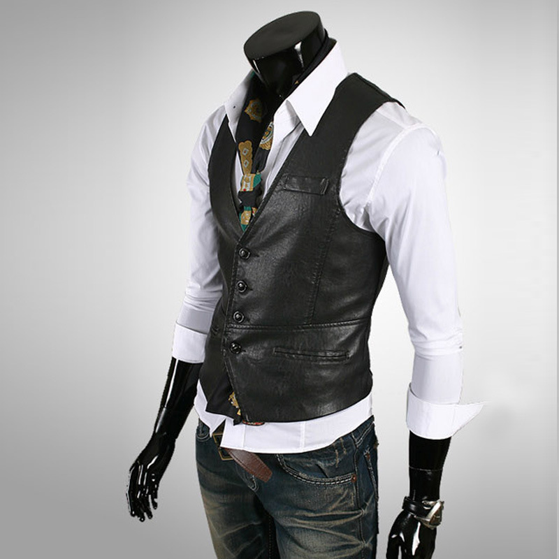 Spring and Autumn Motorcycle Sleeveless Leather Vest Jacket with Korean Style Men's Fashionable Casual Wearing PU Vest for Men