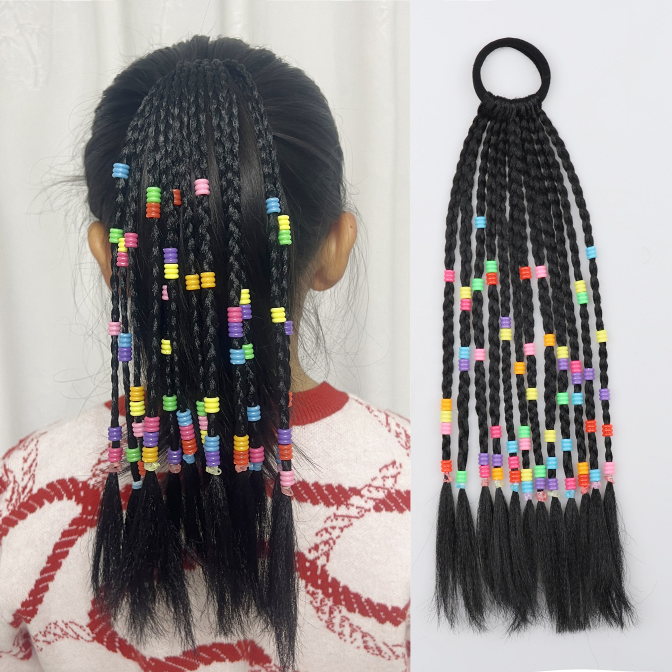 Children's short ponytail colorful beads small braid wig dirty braid hand-woven hair accessories wig wholesale