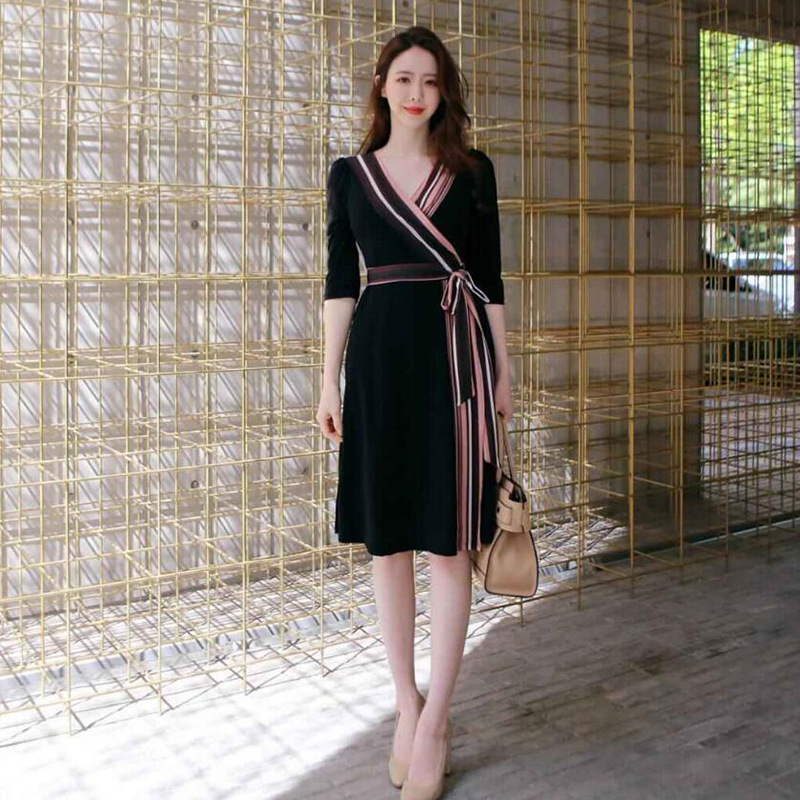 Summer New Black Crystal Linen Patchwork Wrap Dress Korean Style Slim Fit Petite Girl Tie-Up Dress