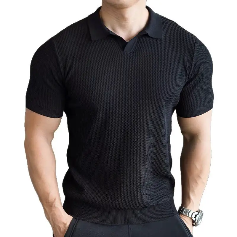 Cross-border Sports Running V-neck Polo Shirt Men's Knitwear High Density Spring and Summer Business Casual Short-sleeved T-shirt Men