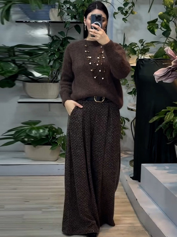 2025 Cross-border French Sweet High-end Crewneck Mauhair Long Sleeve Pullover Knitted Sweater Pants suit Women