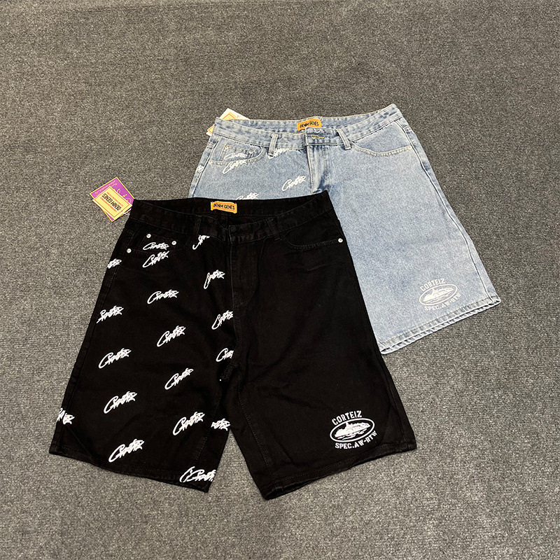 Corteiz's New Alcatraz Letter Printed Jeans for Men and Women, Loose Straight Casual Shorts
