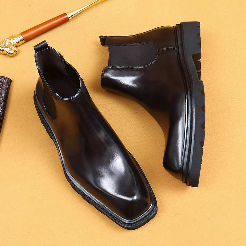 [vip for] Chelsea Boots Men's Thick-soled British Short Boots Leather Cowhide Inner Special-soled High-top Shoes