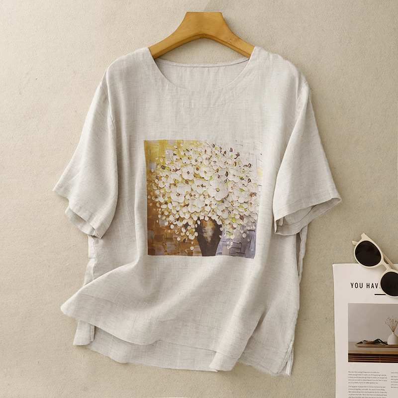 Cotton and Linen Round Neck Printed T-Shirt for Women, Loose and Slimming Pullover Short-Sleeved Top, Casual and Versatile T-Shirt, 2026 Summer New Style