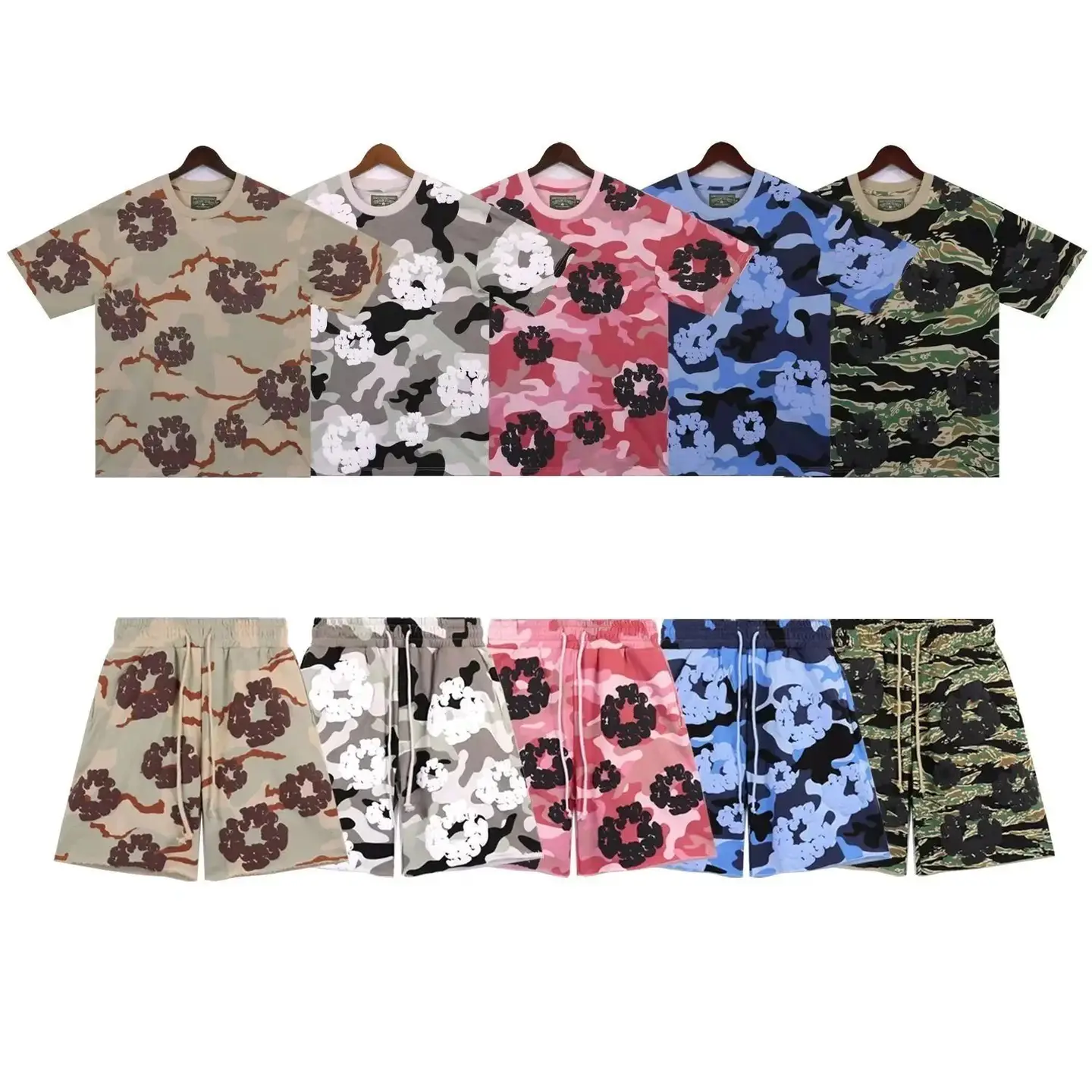Cotton short sleeved loose camouflage hip-hop T-shirt set for men and women -2822