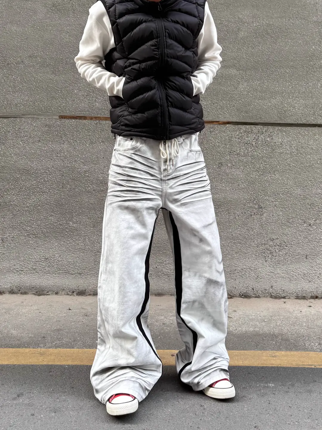 American Street Style Cleanfit Washed Distressed Dirty-Dyed Whiskered Jeans Unisex Niche Color-Blocked Loose Straight-Leg Pants