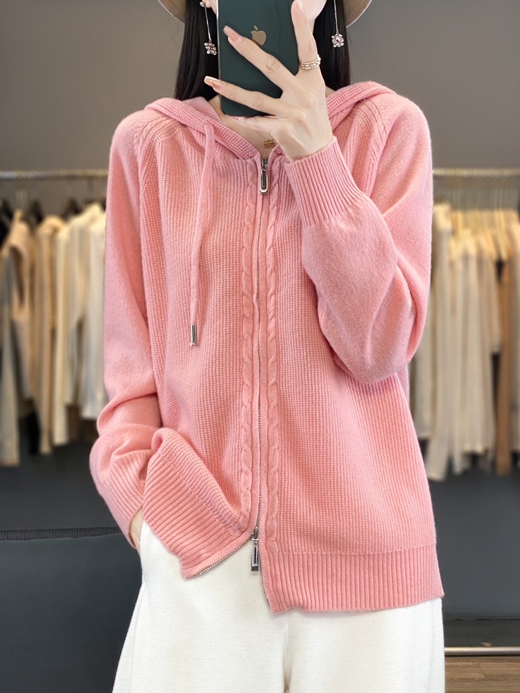New Foreign Style Knitted Jacket Women's High Sense 24 Years Autumn and Winter Fashion Joker Hooded Zipper Sweater Cardigan