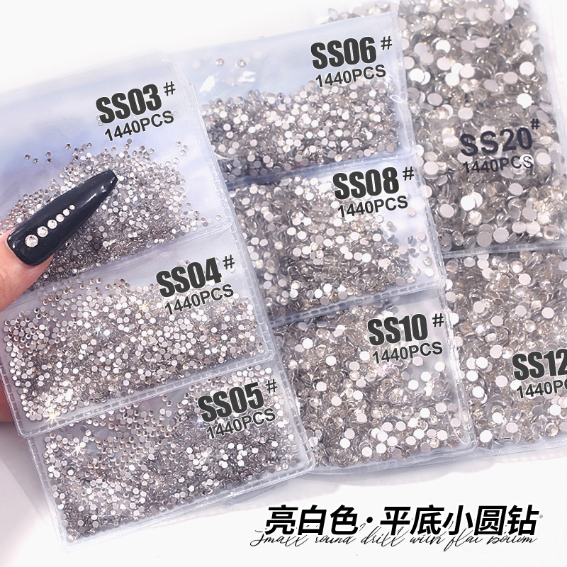 White flat small round diamond nail drill transparent super flash glass rhinestone round diamond cross-border nail jewelry diamond wholesale