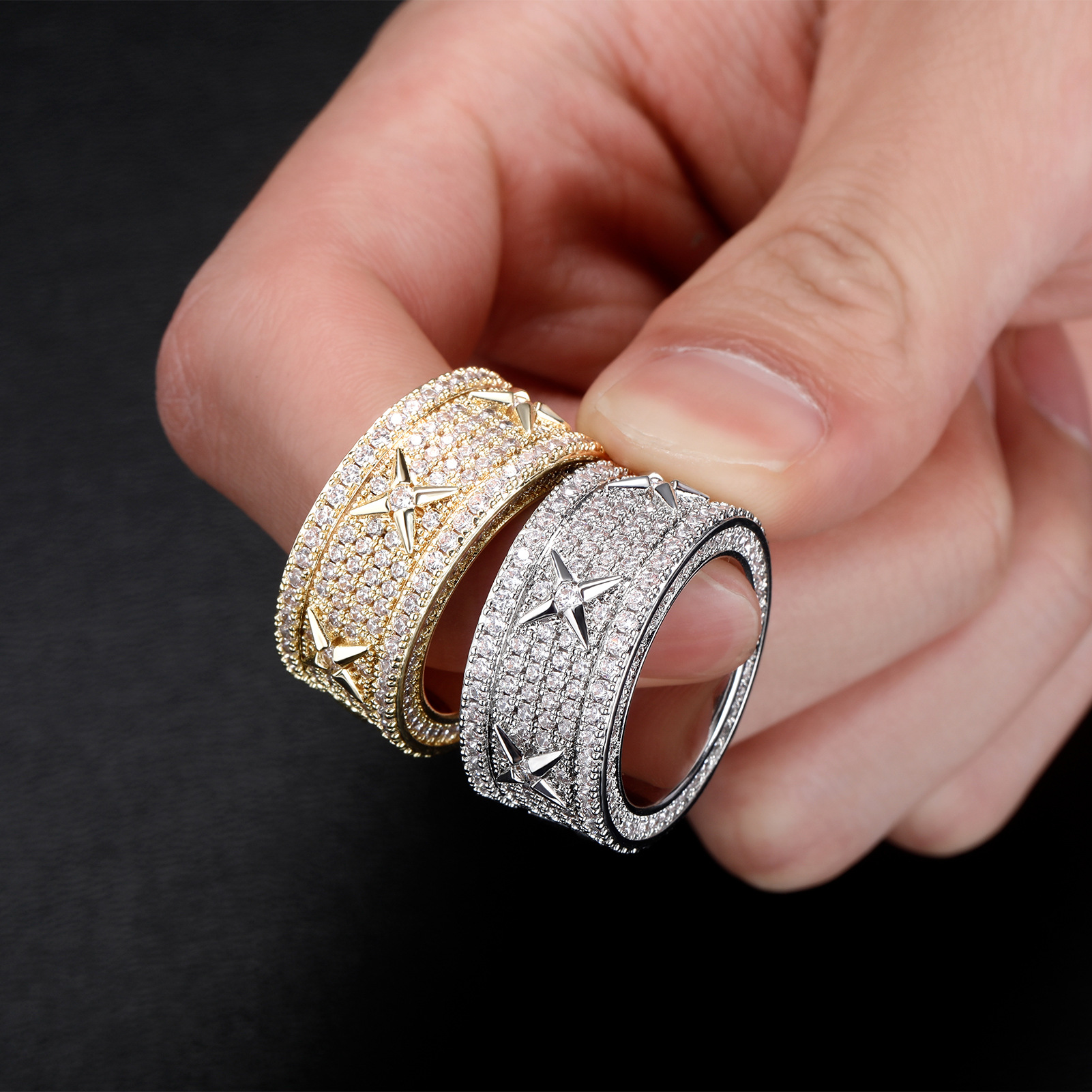 Hip-Hop Wide Ring with Full Zirconia Inlay, Gold-Plated Copper X-Shaped Raised Decoration, Rap Stage Fashion Accessory for Men, Cross-Border Wholesale