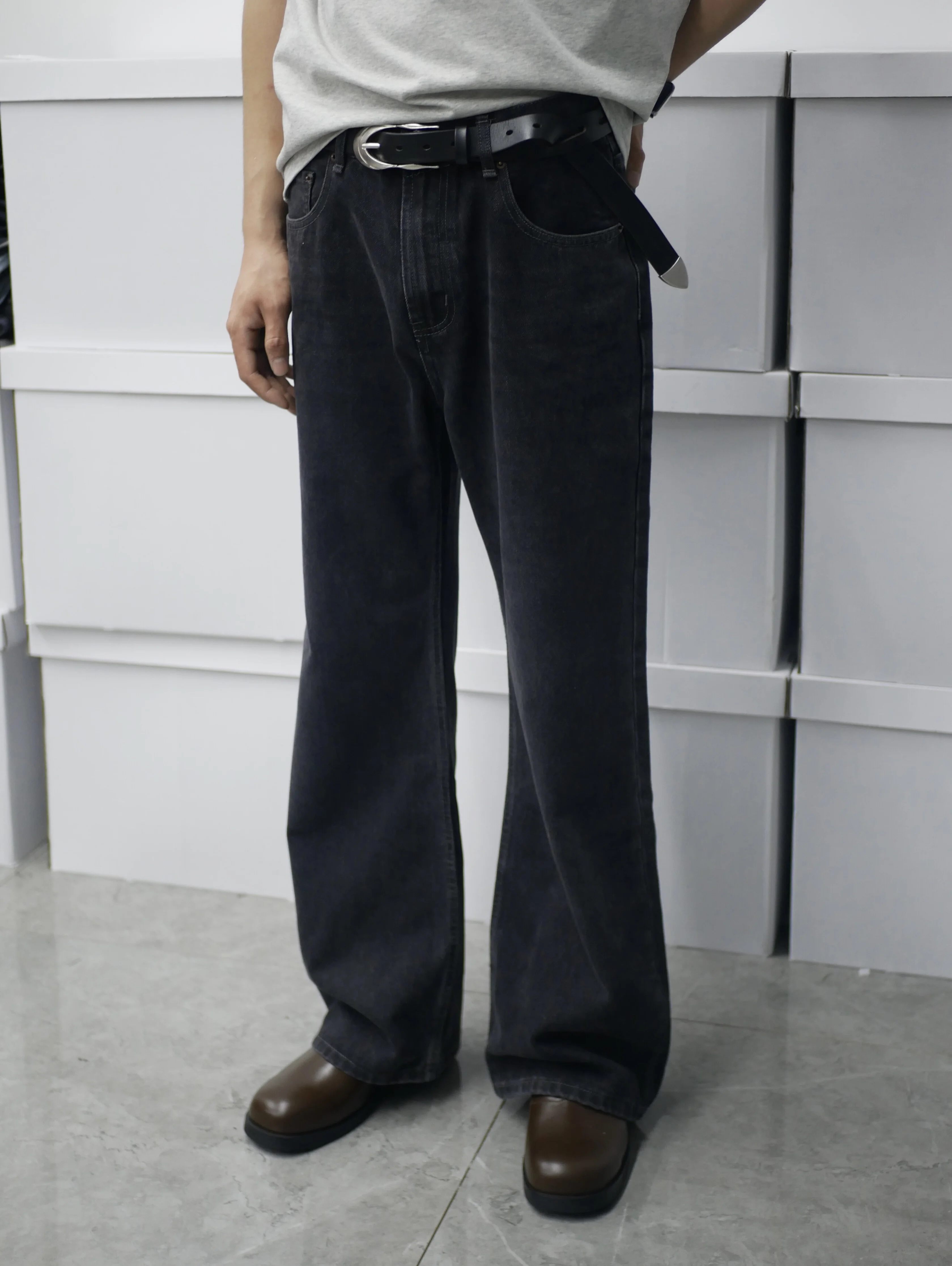 No Logo 2021m Style Black and Gray Washed Vintage Slightly Wide Versatile Jeans
