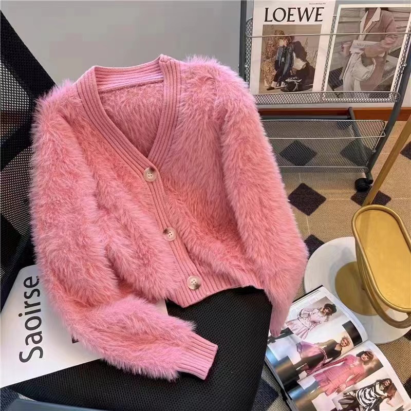 V-neck Pink Seahorse Sweater Coat Women's Short Soft Waxy High-end Mink Velvet Knitted Cardigan for Autumn and Winter