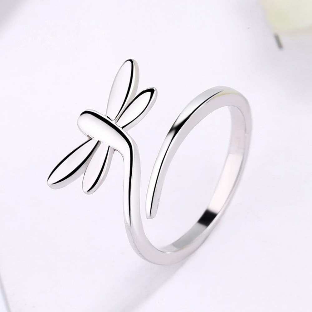 Simple personality open Dragonfly silver plated ring ring fashion Lady cute creative ring ring student jewelry