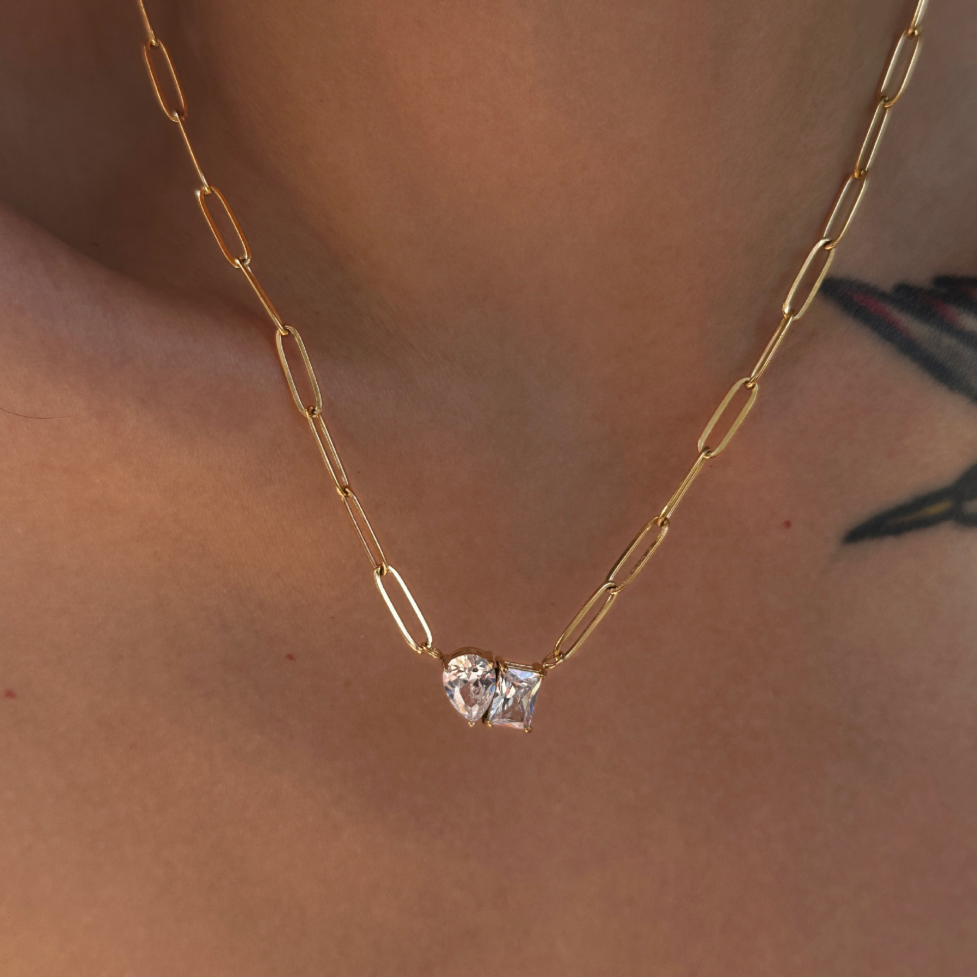 Dazan Minimalist Style Jewelry Wholesale European and American 18K Gold-Plated Titanium Steel Geometric Pear-Shaped Square Zircon Necklace and Anklet Set