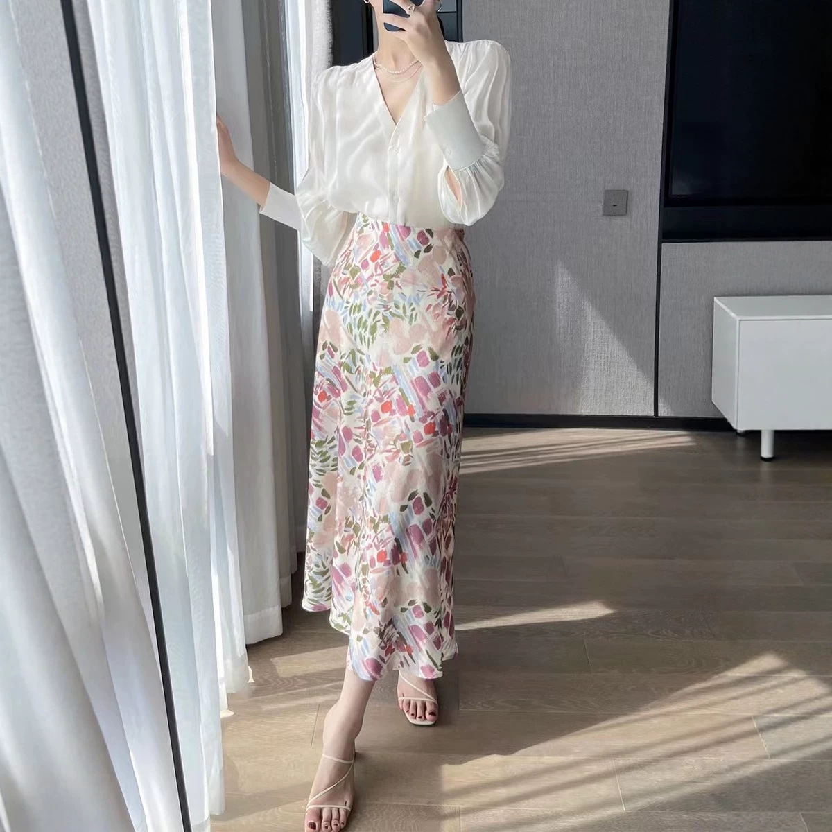Floral Mid-Length Skirt for Women, Summer 2026 New Style, Waist-Cinching Elastic Satin Fishtail Skirt, High-Waisted Elegant Skirt