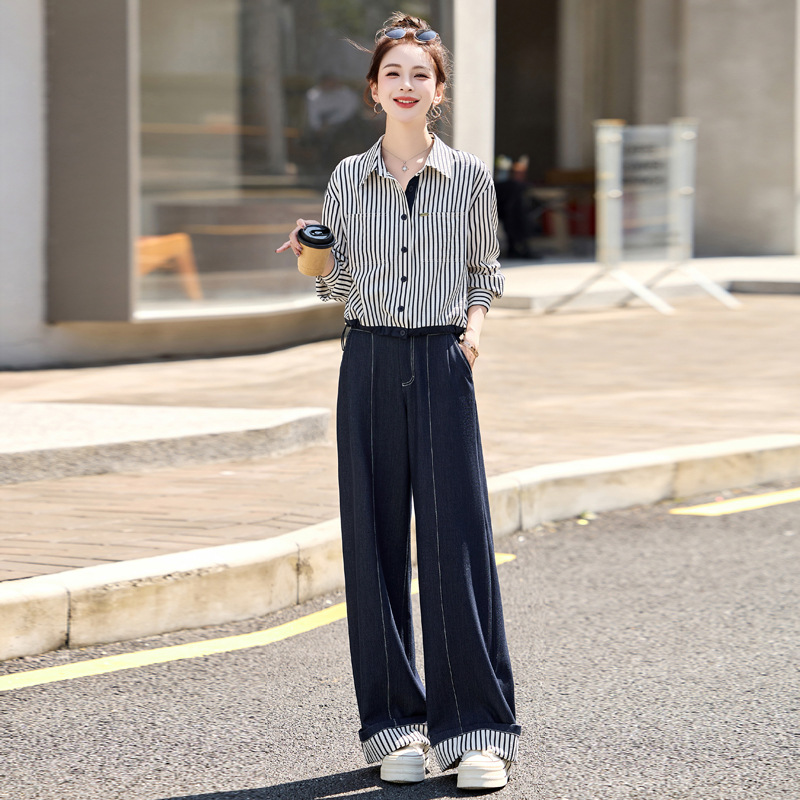 2026 Spring and Autumn Fashion Casual Set for Women: Striped Long-Sleeve Shirt and Elegant Long Pants Two-Piece Set