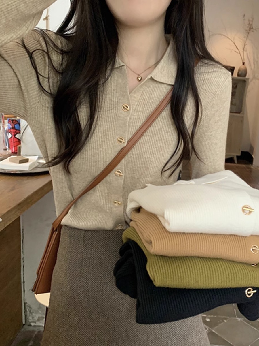 polo collar button shoulder cardigan sweater women's autumn and winter gentle style inner wear sweater temperament pit top long sleeve