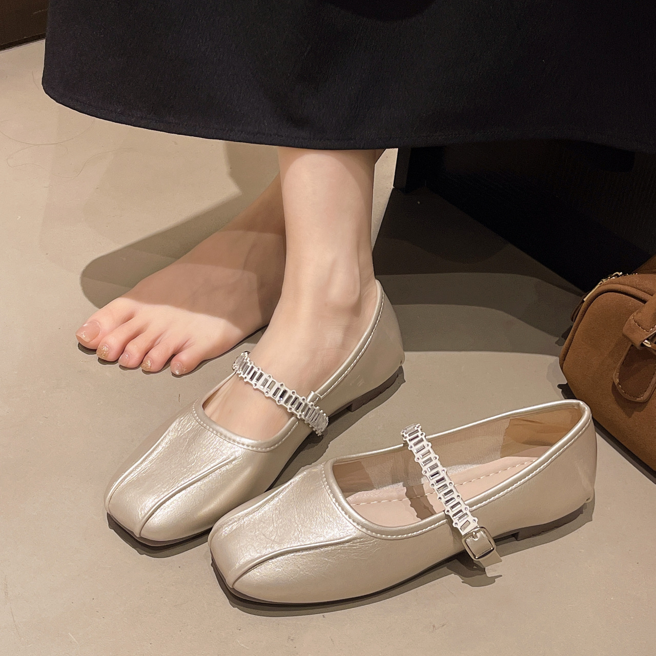 Versatile Flat Silver Shoes for Women 2025 Korean Style New Summer Skirt Mary Jane Shoes Ballet Evening Shoes