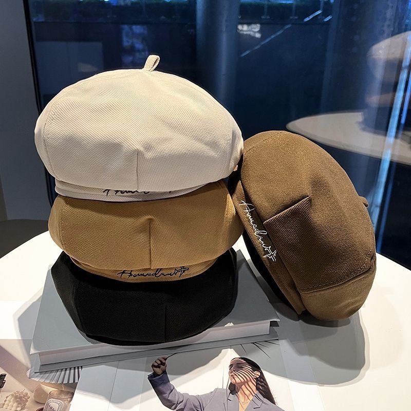 New Style Women's Hat with Letter Embroidery, Beret for Autumn and Winter, Artist's Octagonal Hat, Fashionable Large Head Hat, Versatile and Warm
