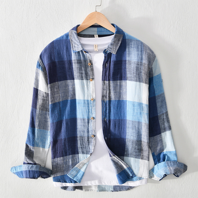 Spring and summer 768 thin color matching literary shirt men's casual cotton and linen long sleeve plaid shirt (price 108 yuan)