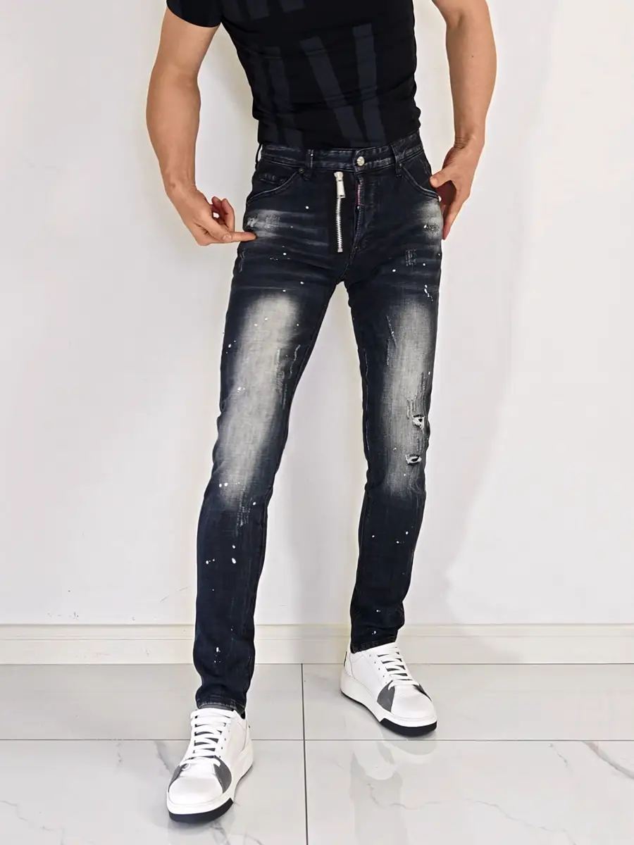 2024 American Black Fake Hole Scratched and Splashed Ink D2 Power Black Gray Gradient Color Denim Men silm Skinny Jeans Trendy