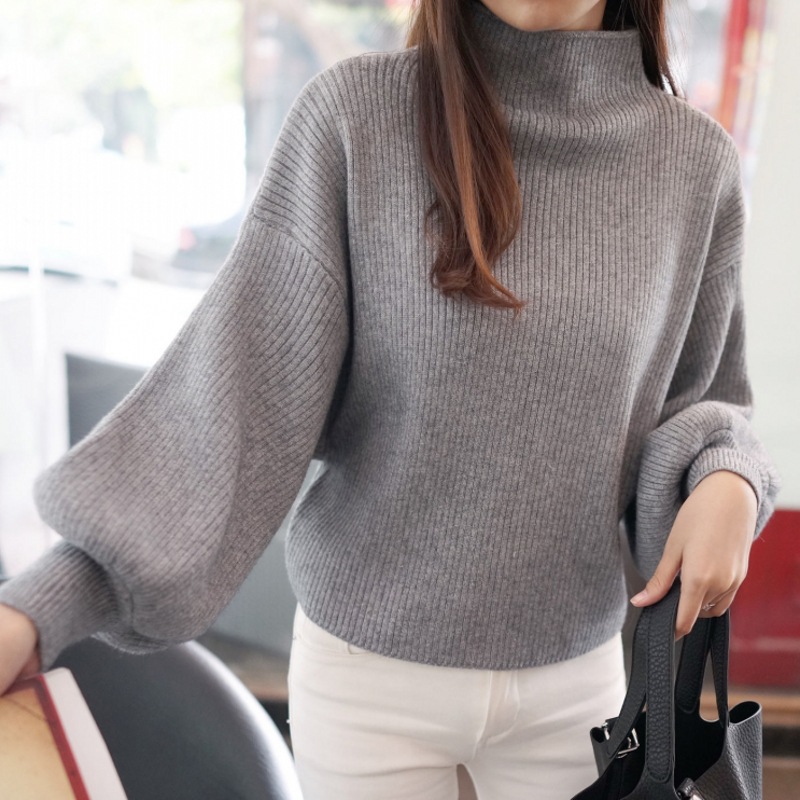 Half-High Collar Slim-Fit Loose Batwing Pullover Knit Sweater 2026 Autumn and Winter New Korean Style Lantern Sleeve Sweater for Women Trendy
