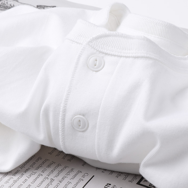 Japanese Pure White 250g heavy cotton Henry collar short-sleeved T-shirt solid color shoulder polo shirt bottoming top for men and women