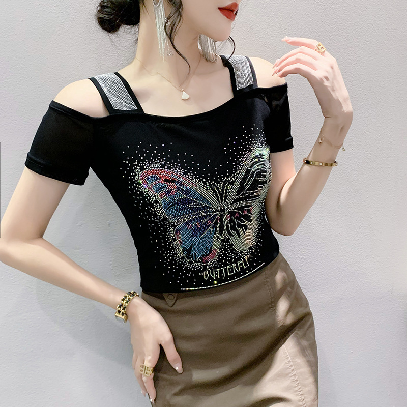 Off-shoulder sexy off-shoulder T-shirt women's short-sleeved summer clothing European station fashion hot drilling mesh top Western style small shirt trend
