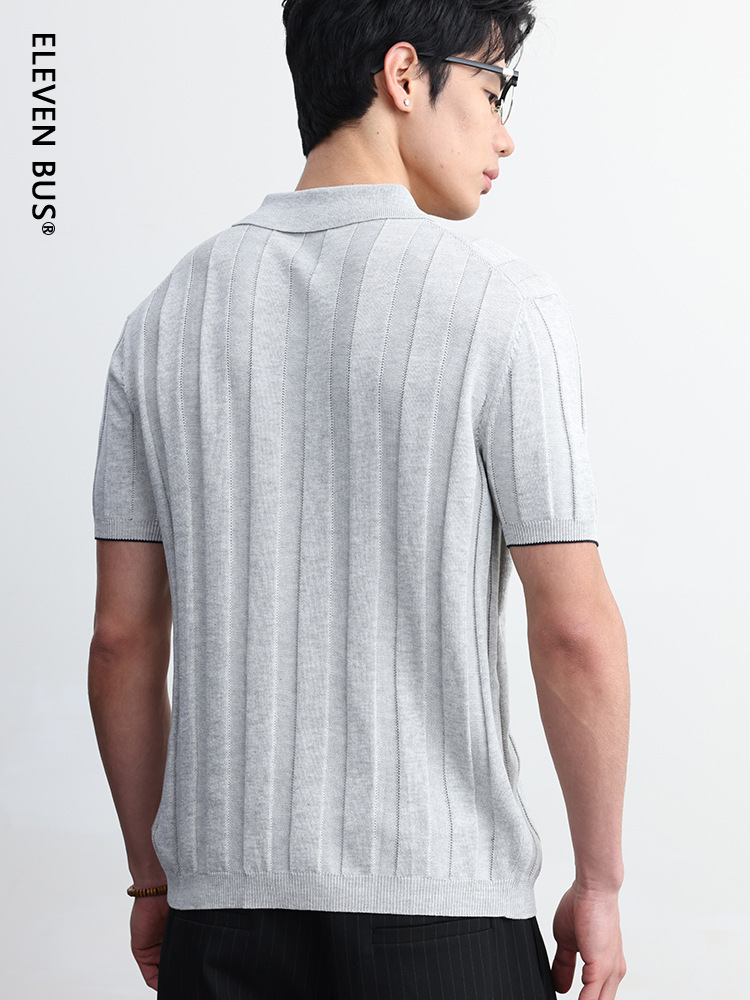 Spring and Summer Old Money Style Lapel Cardigan Men's Short-Sleeve Knit Shirt Japanese Retro Striped Trendy Versatile T-Shirt for Men