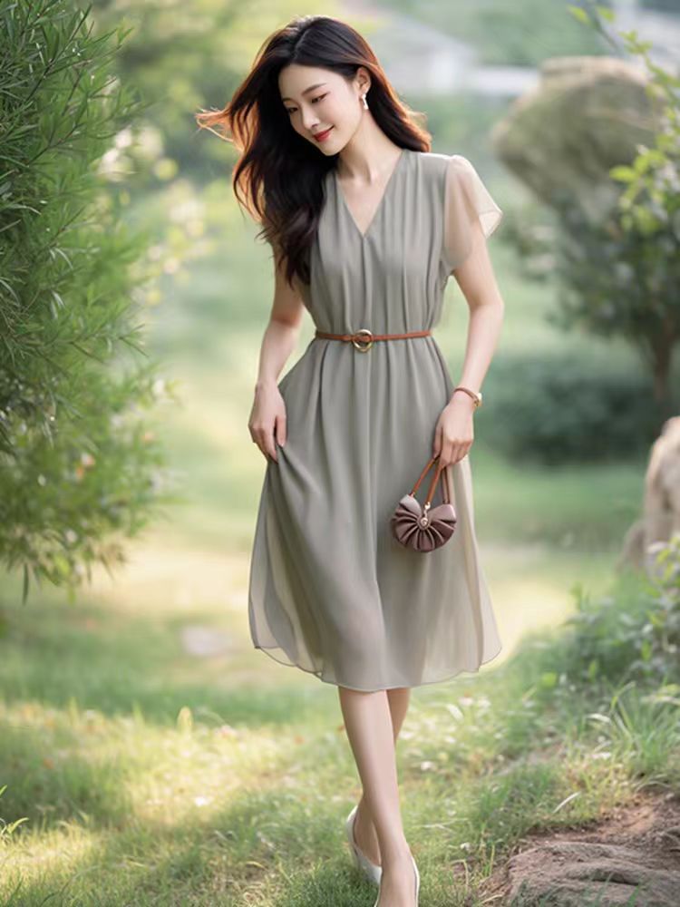 This Year's Trendy, Beautiful, Simple, and Elegant Mid-Length Dress Is a New Summer Style with a High-End Feel and a Ladylike Vibe, Made of Chiffon with a V-Neck