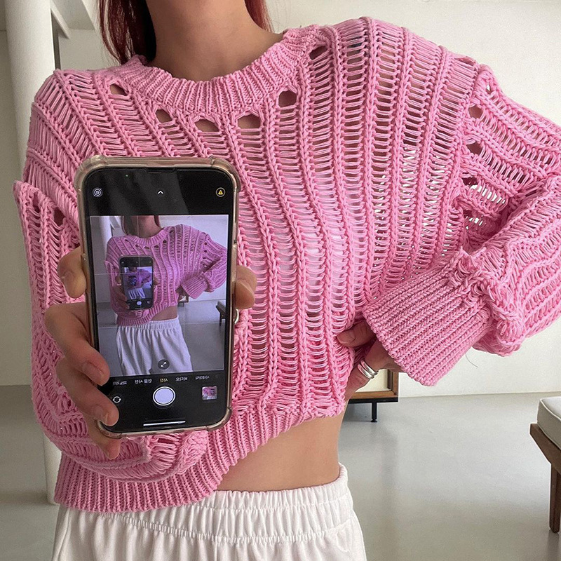 European and American Aliexpress Autum Casual Cut Out Knitted Pullover for Women Street Fashion Long-Sleeved Navel-Baring Sweater