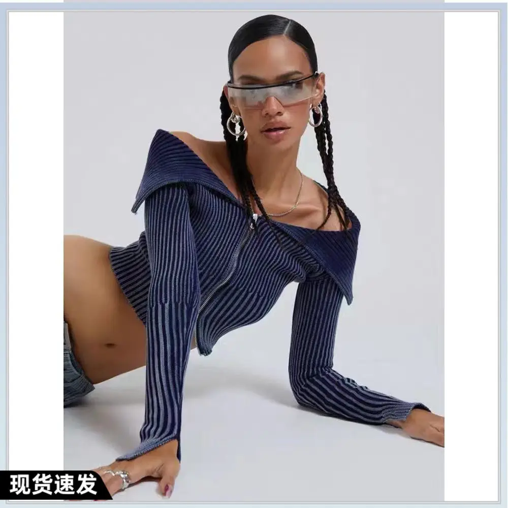 Jaded London Vintage Denim Wash One-Shoulder Ribbed Zipper Hot Girl Short Knit Sweater